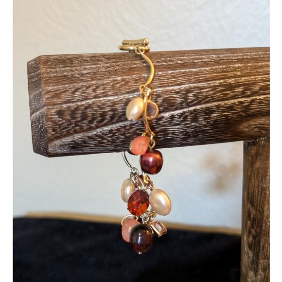 Gold Tone Colored Pearl Crystal Glass Amber Bead Scalloped Bar Toggle Bracelet - Picture 1 of 8